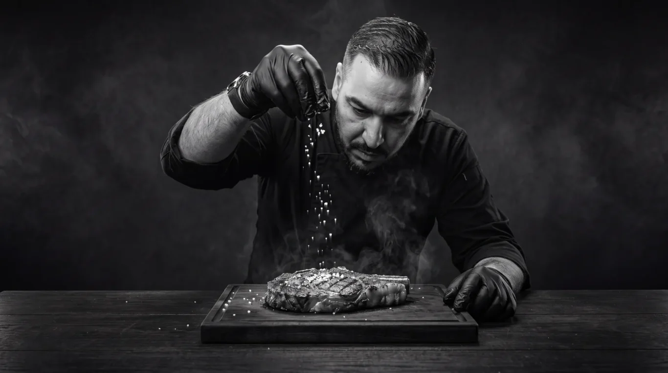 AI-generated version of the chef in a black jacket salting a steak with smoke rising from the board.