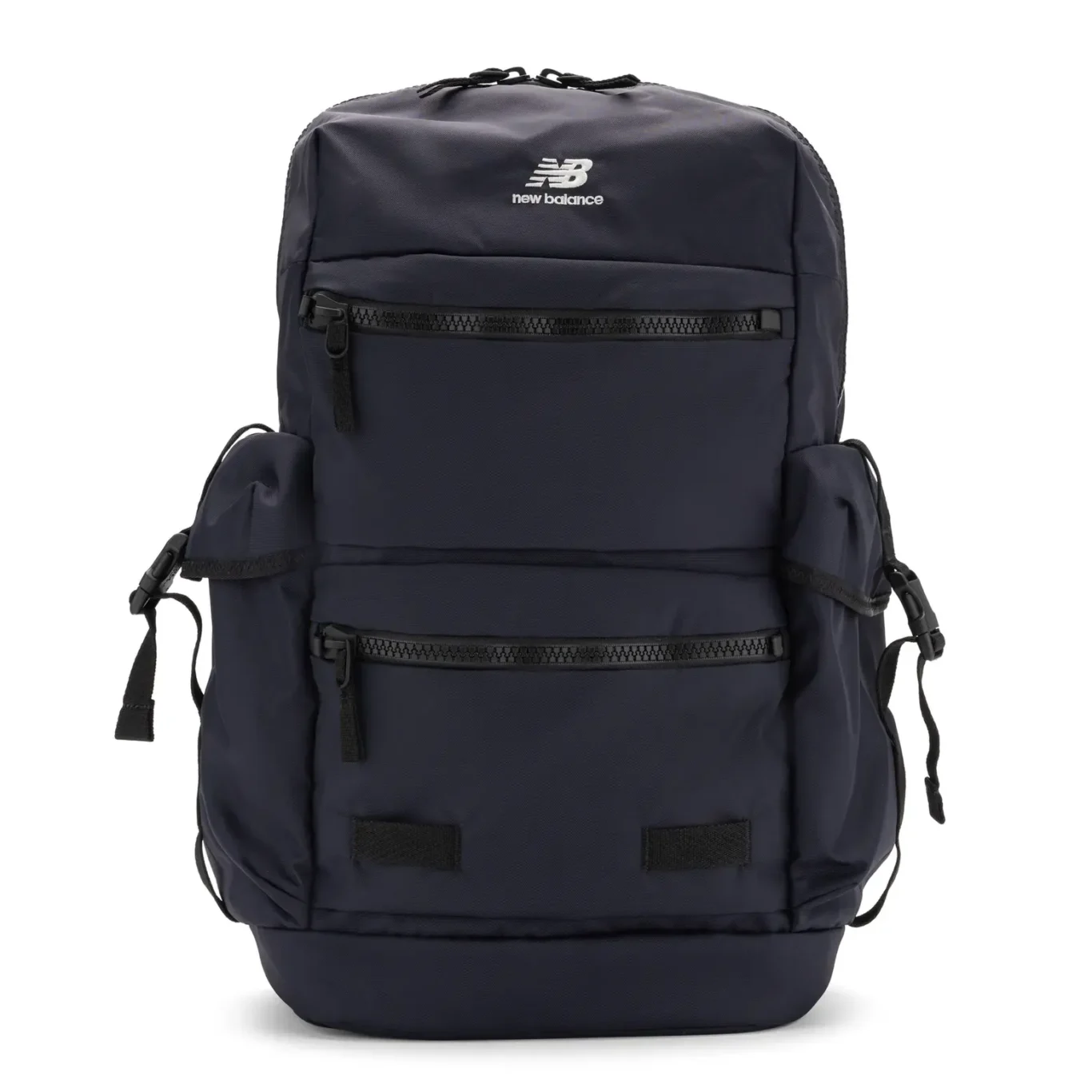 Navy New Balance utility backpack with zip pockets, front view on white. E-commerce product photography for New Balance by MRPS in Dubai.