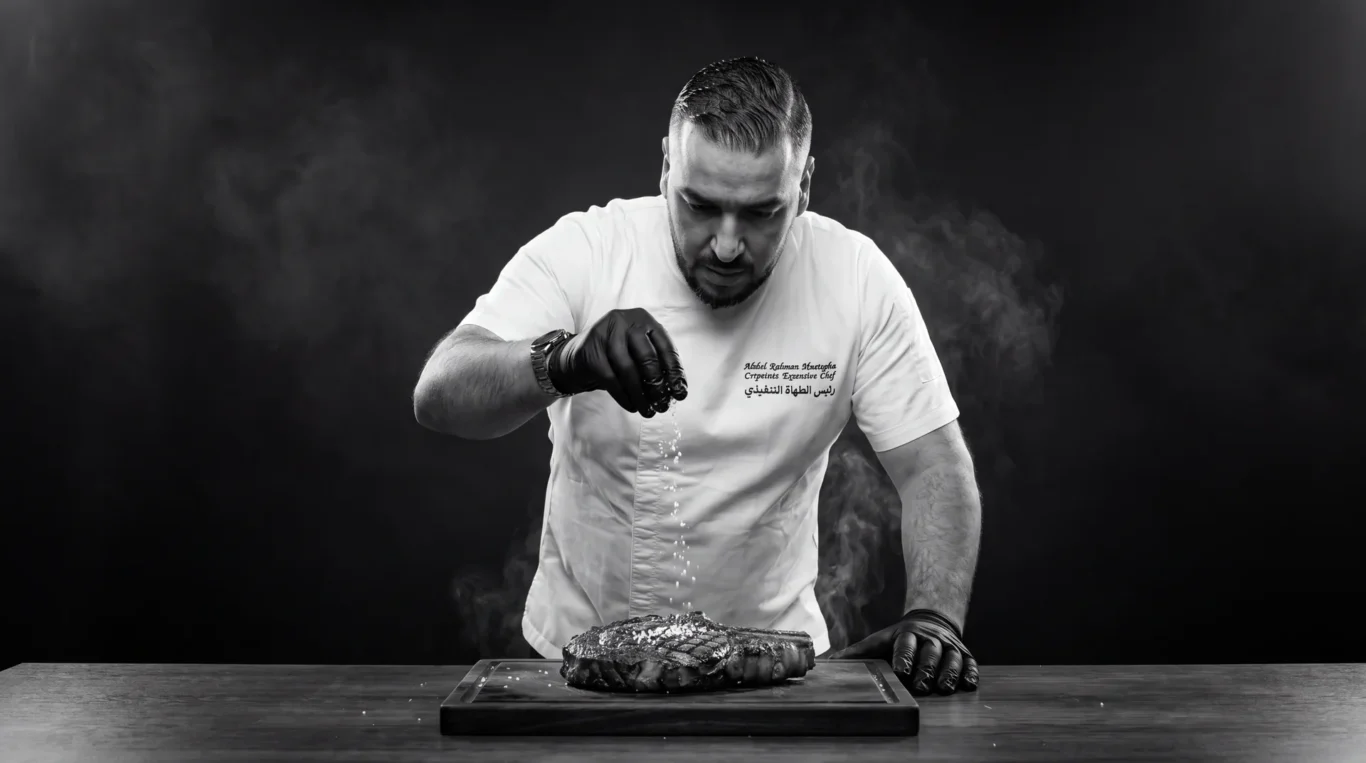 AI-generated version of the chef in a white chef jacket salting a steak, black and white.