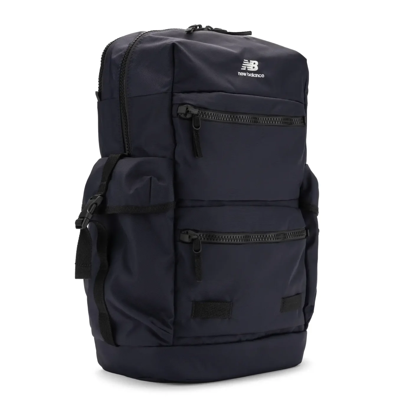Navy New Balance utility backpack at a three-quarter angle. E-commerce product photography for New Balance by MRPS in Dubai.