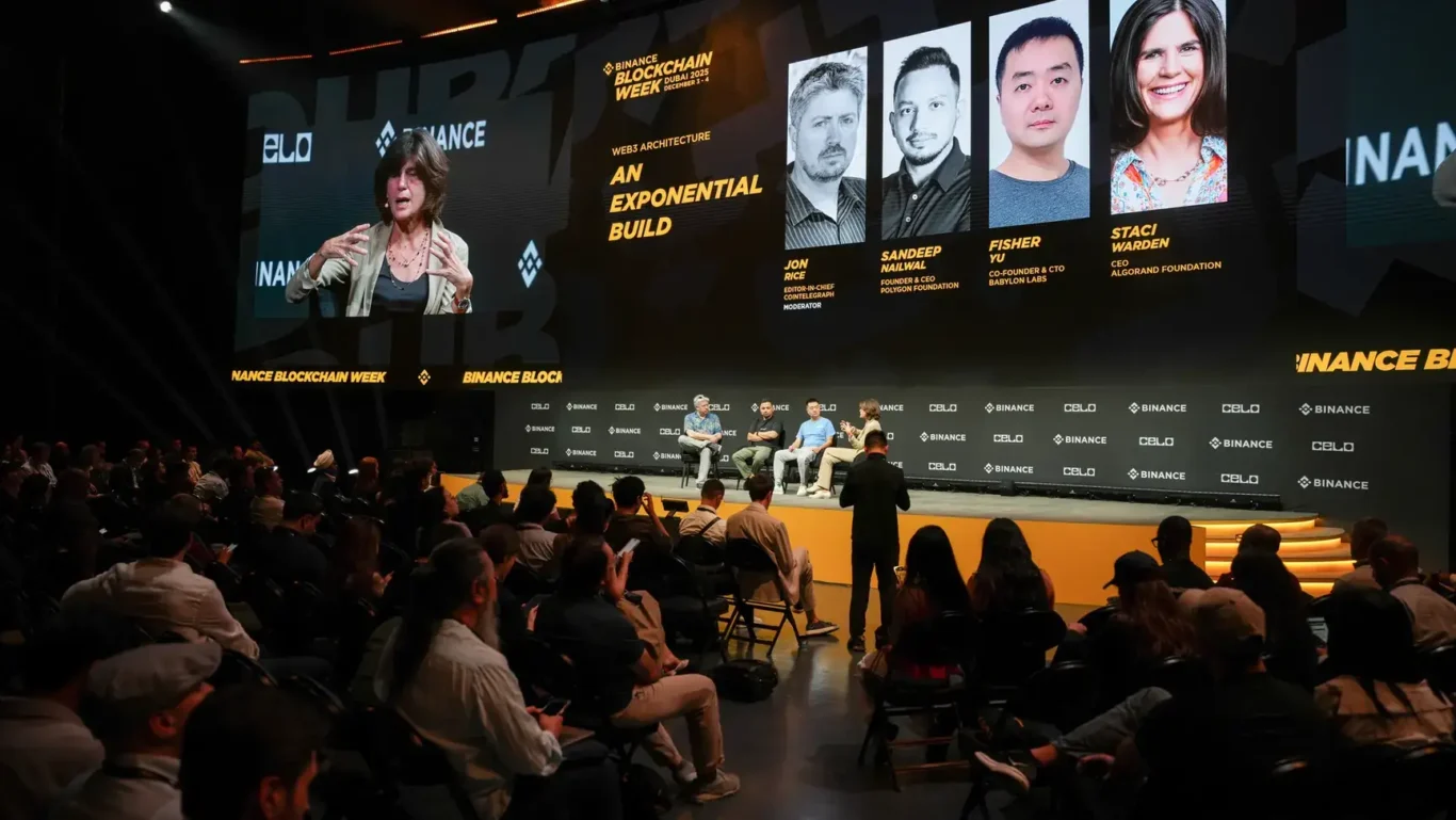Audience watching a session on the Binance Blockchain Week main stage. Photographed by MRPS for Eventflare at Binance Blockchain Week 2025, Coca-Cola Arena, Dubai.