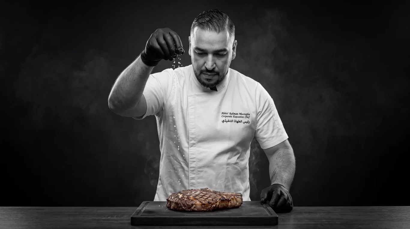 AI-generated version of the chef in a white jacket salting a steak, with the steak kept in colour.