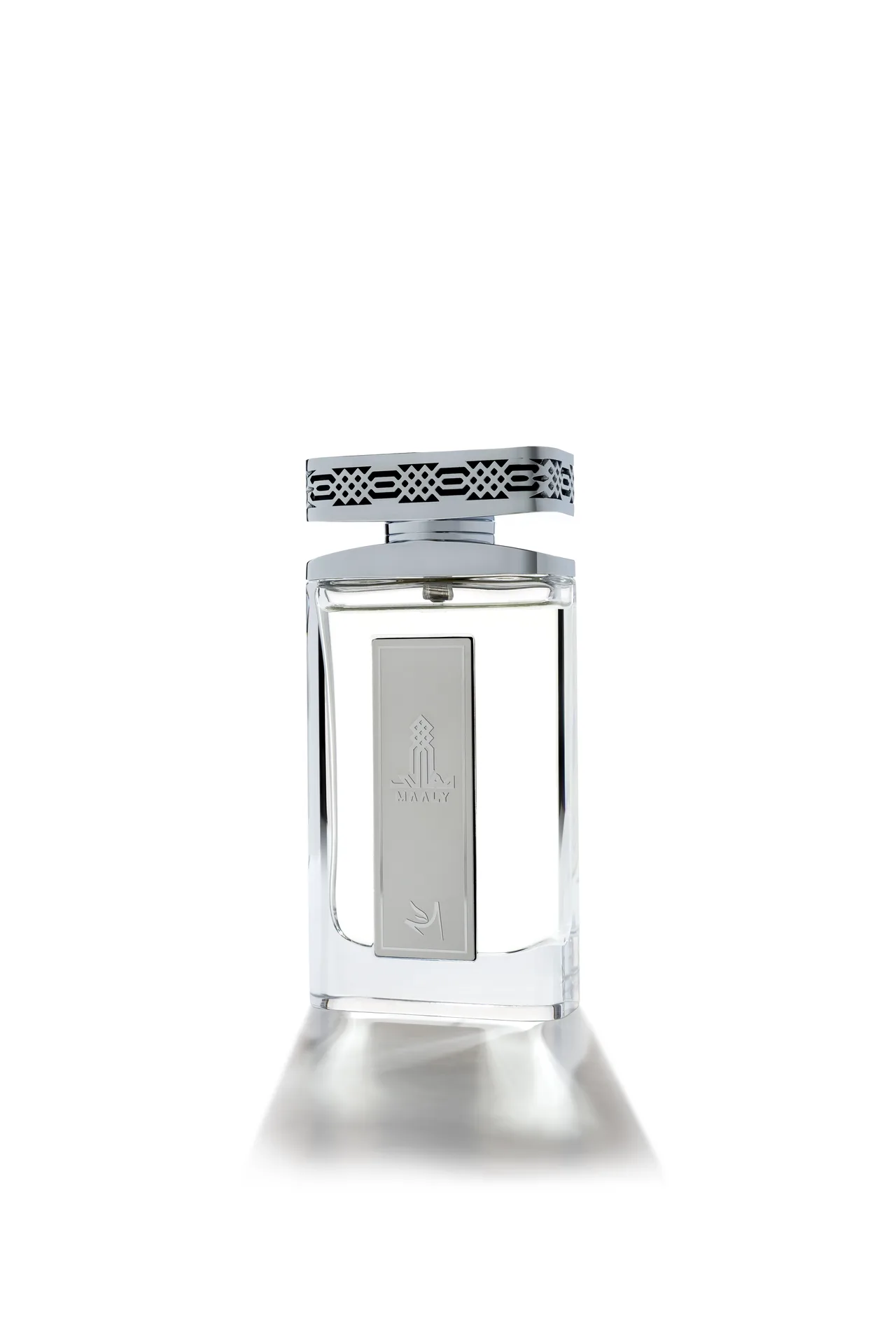Oud Elite Maaly perfume in a clear glass bottle with a silver patterned cap, photographed front-on against white.