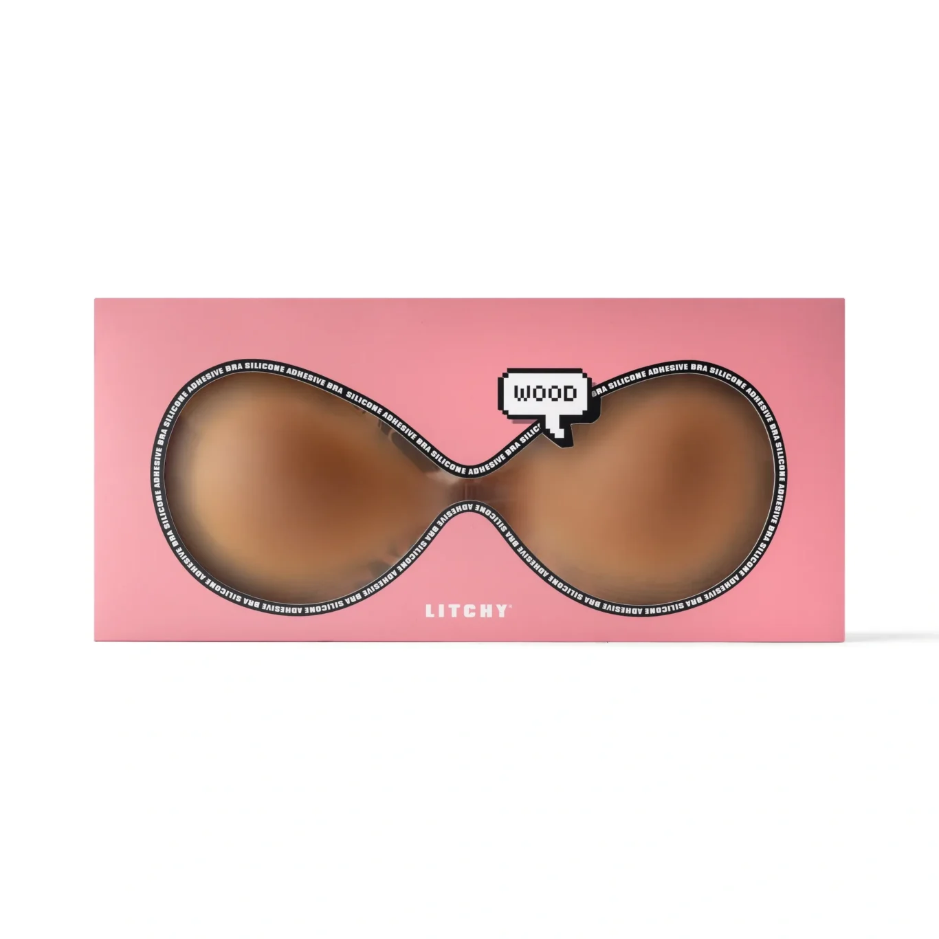LITCHY adhesive silicone bra in shade Wood in its box. Premium e-commerce product photography for LITCHY by MRPS in Dubai.