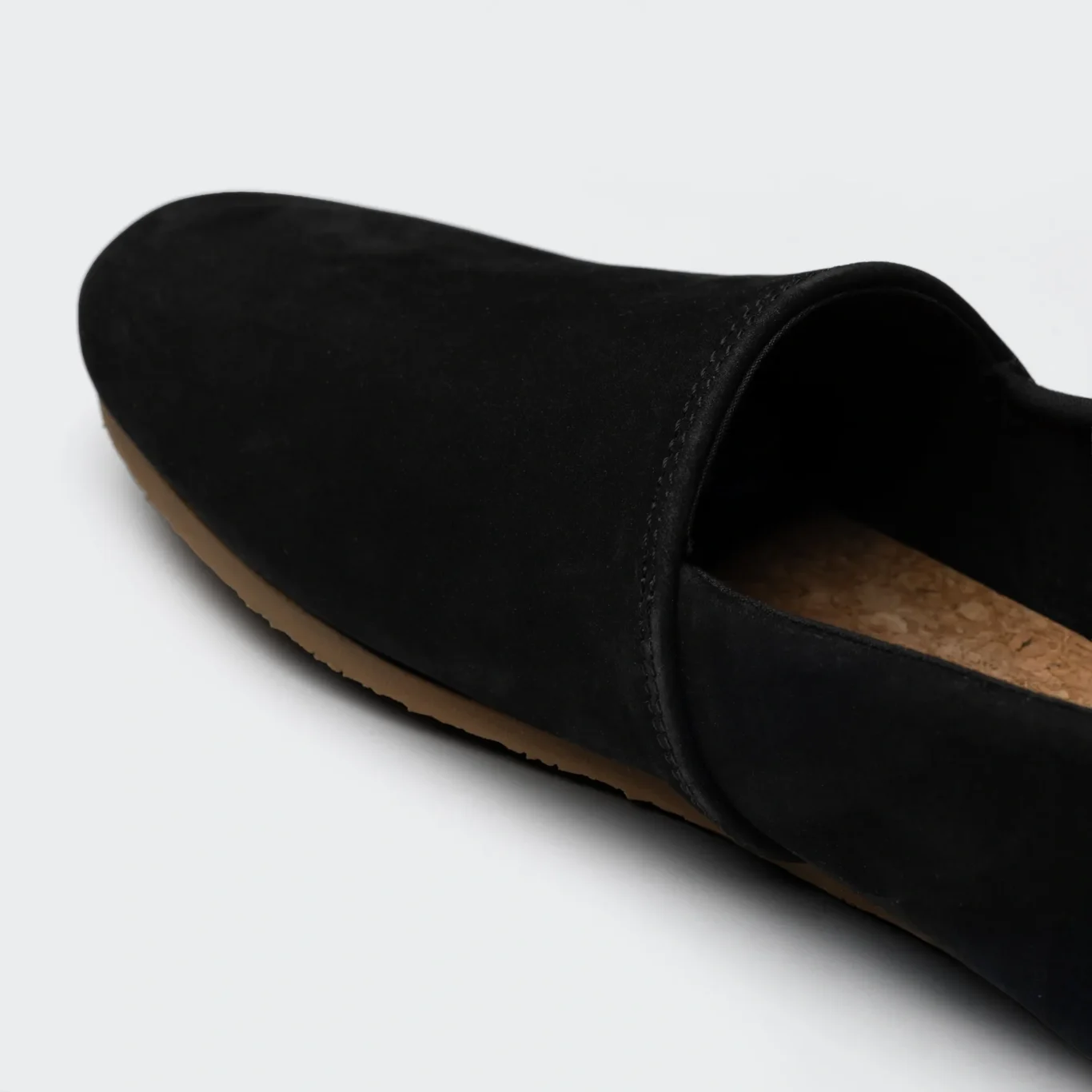 Close-up of the black suede toe and stitching. E-commerce shoe photography for SWAVE by MRPS in Dubai.