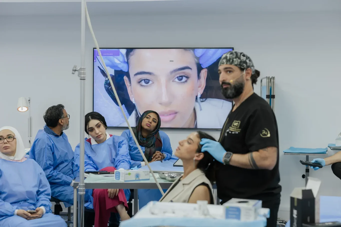 Trainer demonstrating injection technique as doctors watch. Event photography by MRPS at the Promoitalia Cadaver Lab medical anatomy course in Dubai.