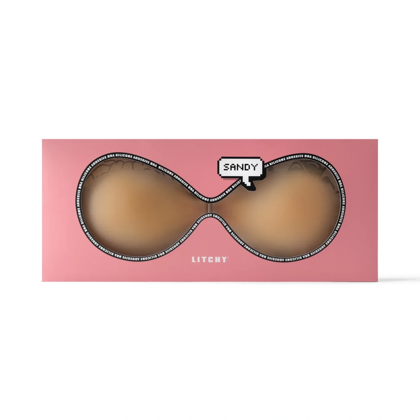 LITCHY adhesive silicone bra in shade Sandy in its box. Premium e-commerce product photography for LITCHY by MRPS in Dubai.
