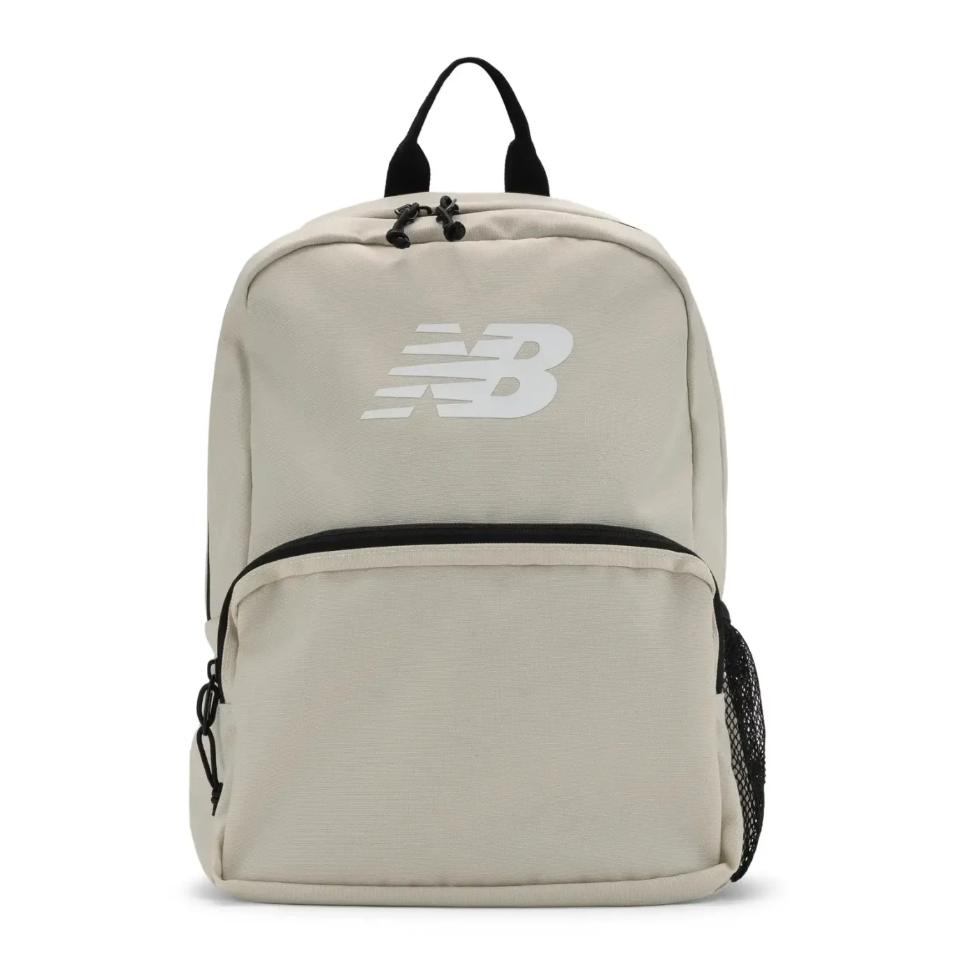 Stone New Balance backpack with large white NB logo, front view on white. E-commerce product photography for New Balance by MRPS in Dubai.