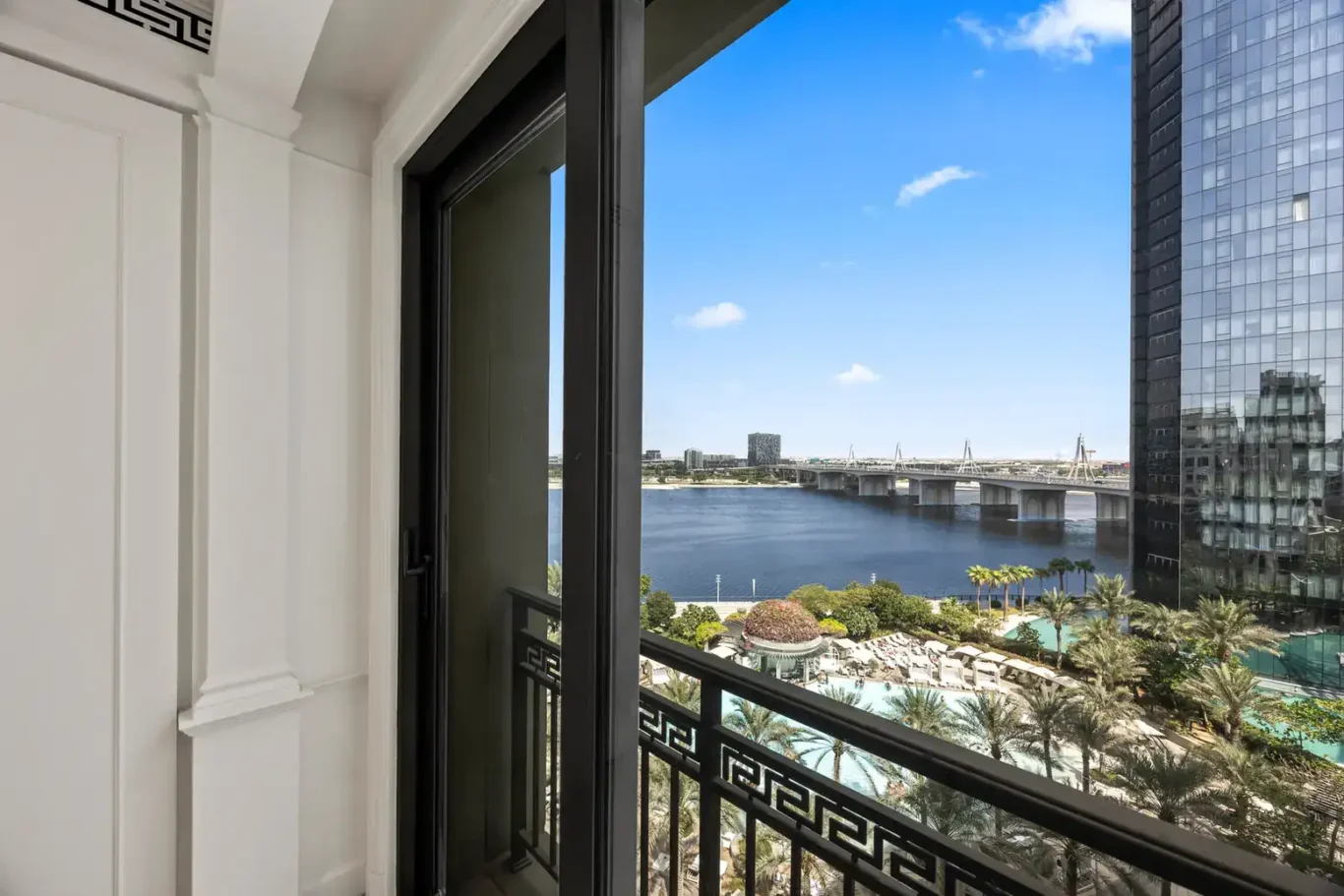 Balcony view across Dubai Creek in a three-bedroom residence at Palazzo Versace Dubai, Jaddaf Waterfront, photographed for Concierge Auctions.
