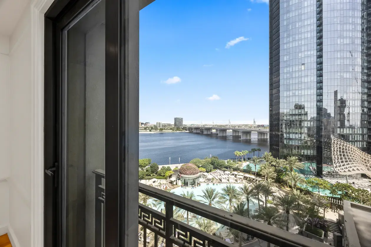 Dubai Creek view from a bedroom balcony in a three-bedroom residence at Palazzo Versace Dubai, Jaddaf Waterfront, photographed for Concierge Auctions.