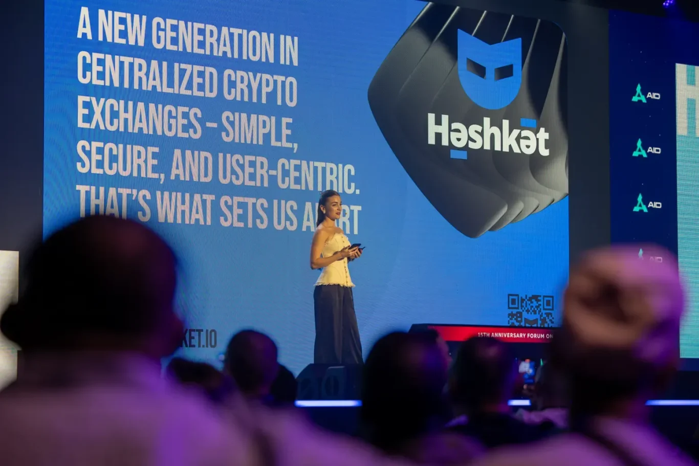 Wide frame of a keynote presenter and LED screen. Event photography by MRPS at Blockchain Life 2025, Festival Arena, Dubai.