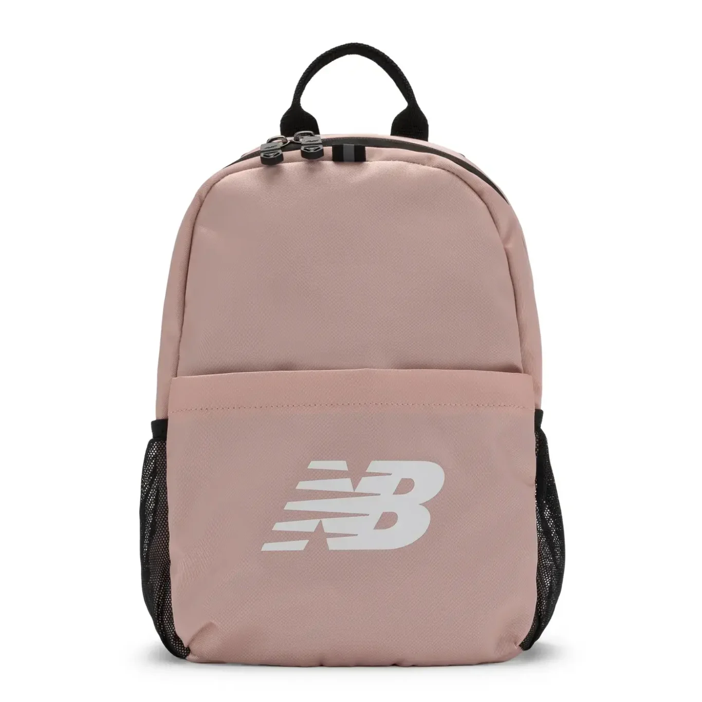 Pink New Balance backpack with white NB logo, front view on white. E-commerce product photography for New Balance by MRPS in Dubai.