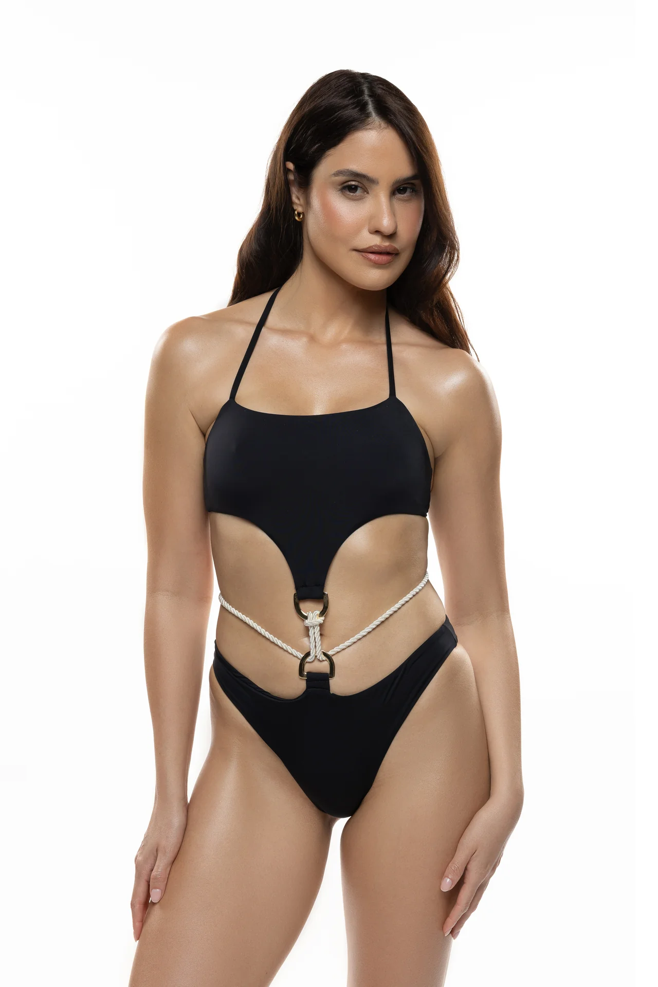 Black cut out one piece swimsuit with rope details, front view. E-commerce swimwear photography by MRPS in Dubai.