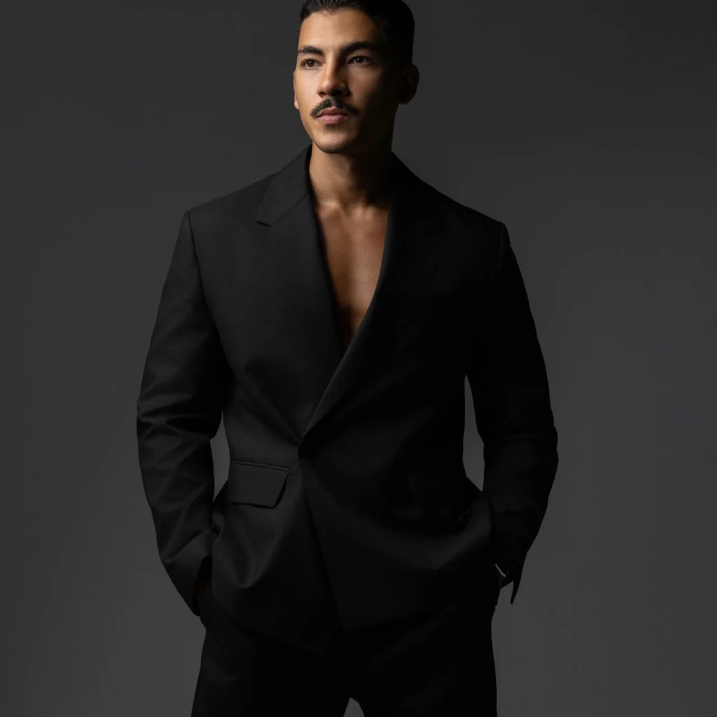 Standing full length in a black suit with hands in pockets. Male modeling portfolio photoshoot by MRPS in Dubai, photographed by Nastaran.
