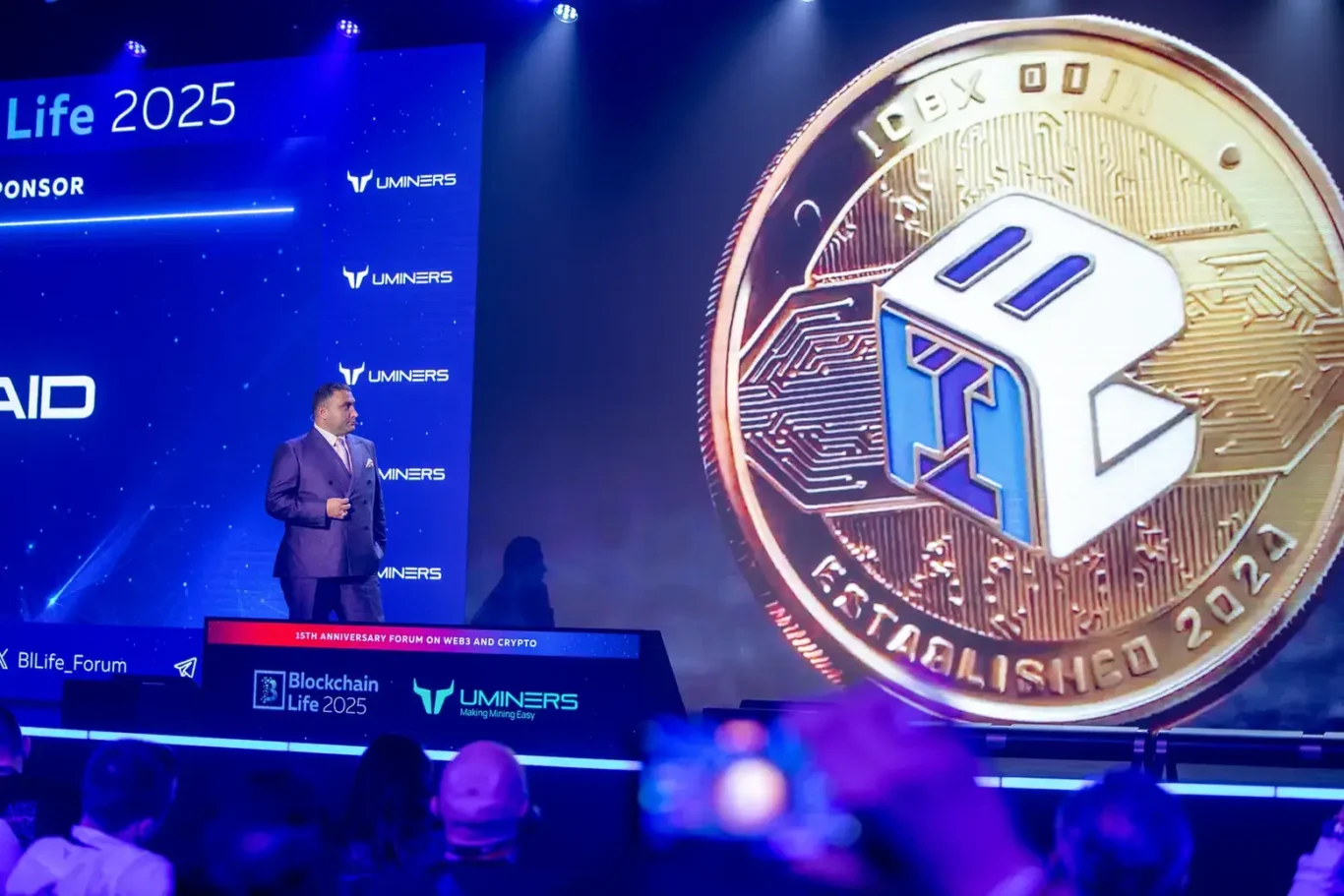 Award moment on the Blockchain Life 2025 stage. Event photography by MRPS at Blockchain Life 2025, Festival Arena, Dubai.