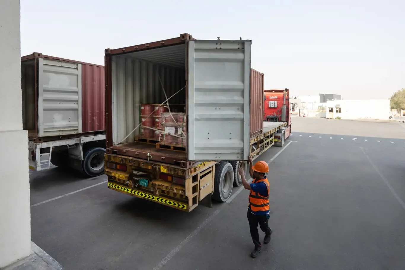 Container truck loaded with B3 International cable pallets leaving the Jebel Ali warehouse yard.