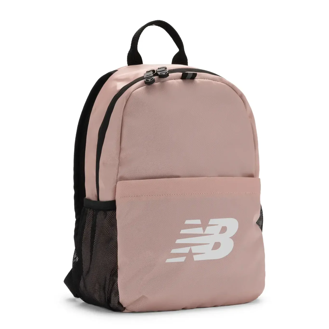 Pink New Balance backpack at an angle showing the mesh side pocket. E-commerce product photography for New Balance by MRPS in Dubai.