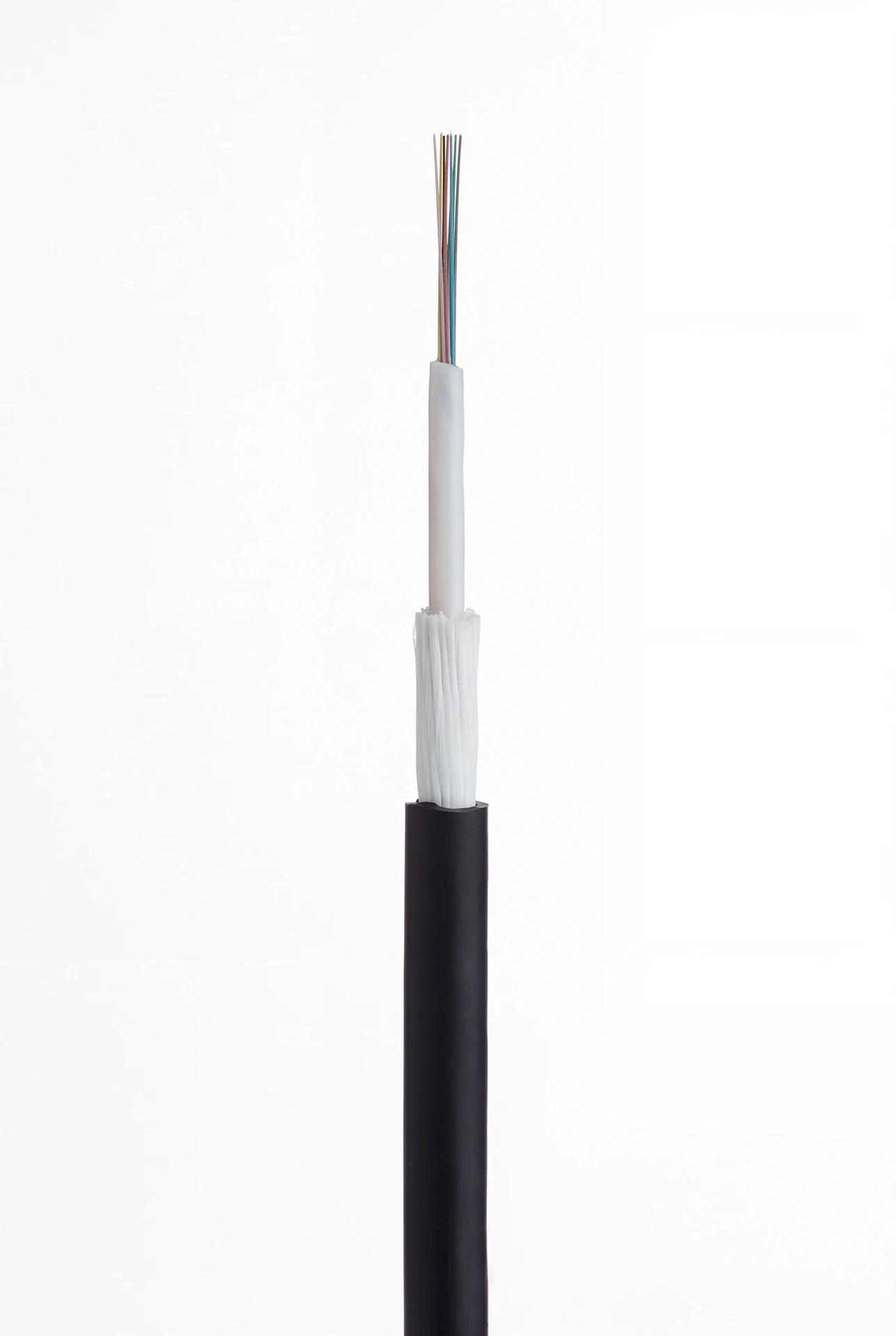 Macro studio photo of a B3 International optical fibre cable with the jacket stripped to show the fibres, on a white background.