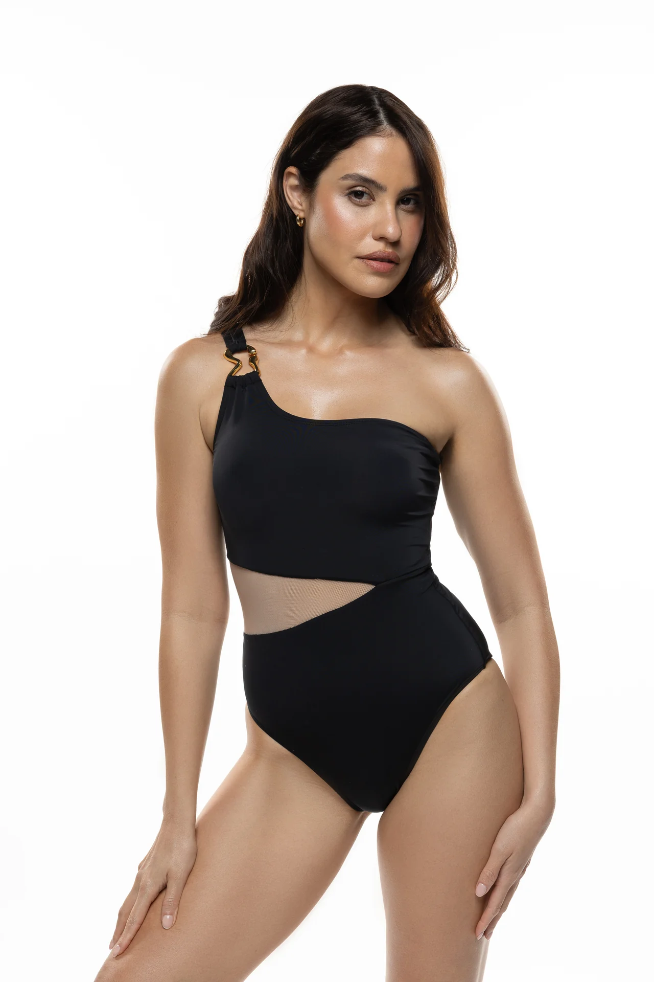 Black one shoulder swimsuit with mesh panel and gold ring, front view. E-commerce swimwear photography by MRPS in Dubai.