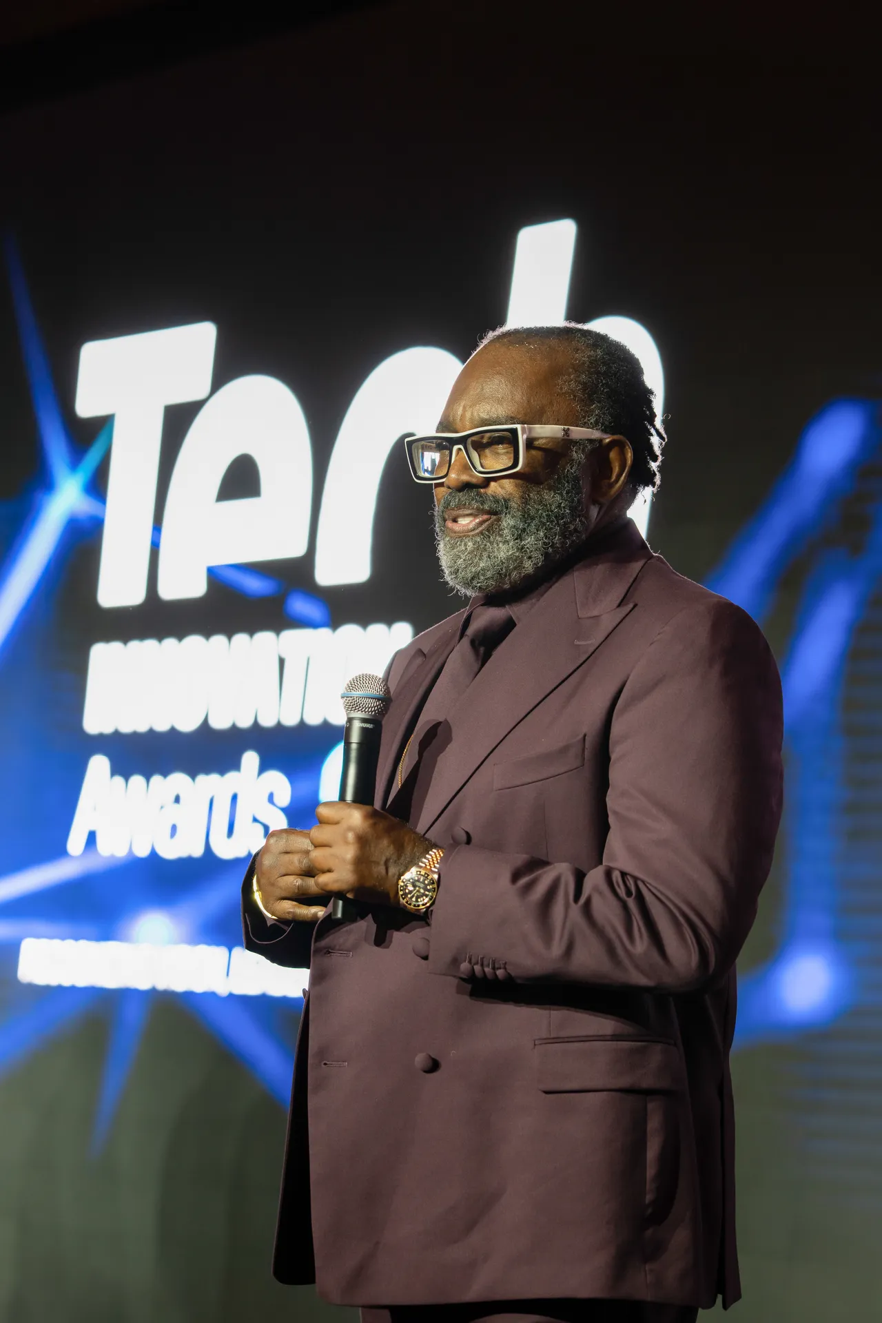 Guest portrait at the event backdrop. Event photography by MRPS for FundedNext at the Tech Innovation Awards 2026, Al Habtoor Palace, Dubai.