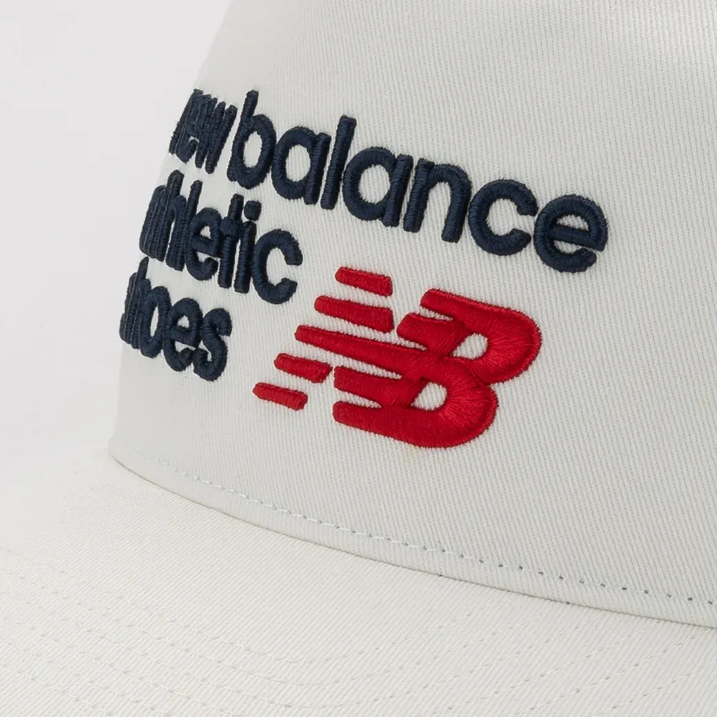 Close-up of the navy and red embroidery on the white New Balance cap. E-commerce product photography for New Balance by MRPS in Dubai.