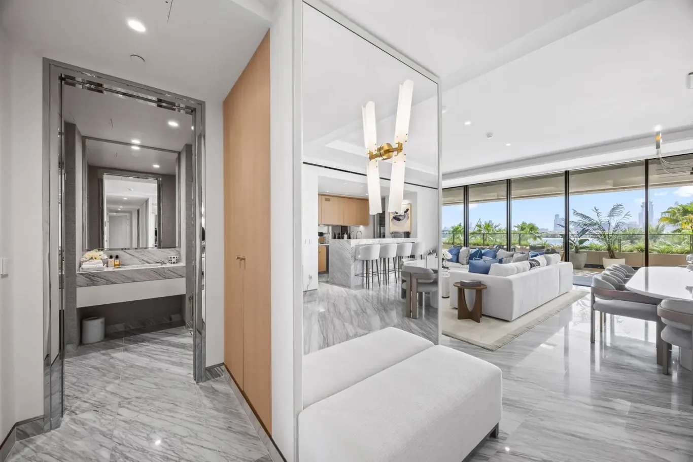 Entrance to the guest powder room in a furnished three-bedroom residence at Atlantis The Royal, Palm Jumeirah, photographed for Apex Homes Real Estate.