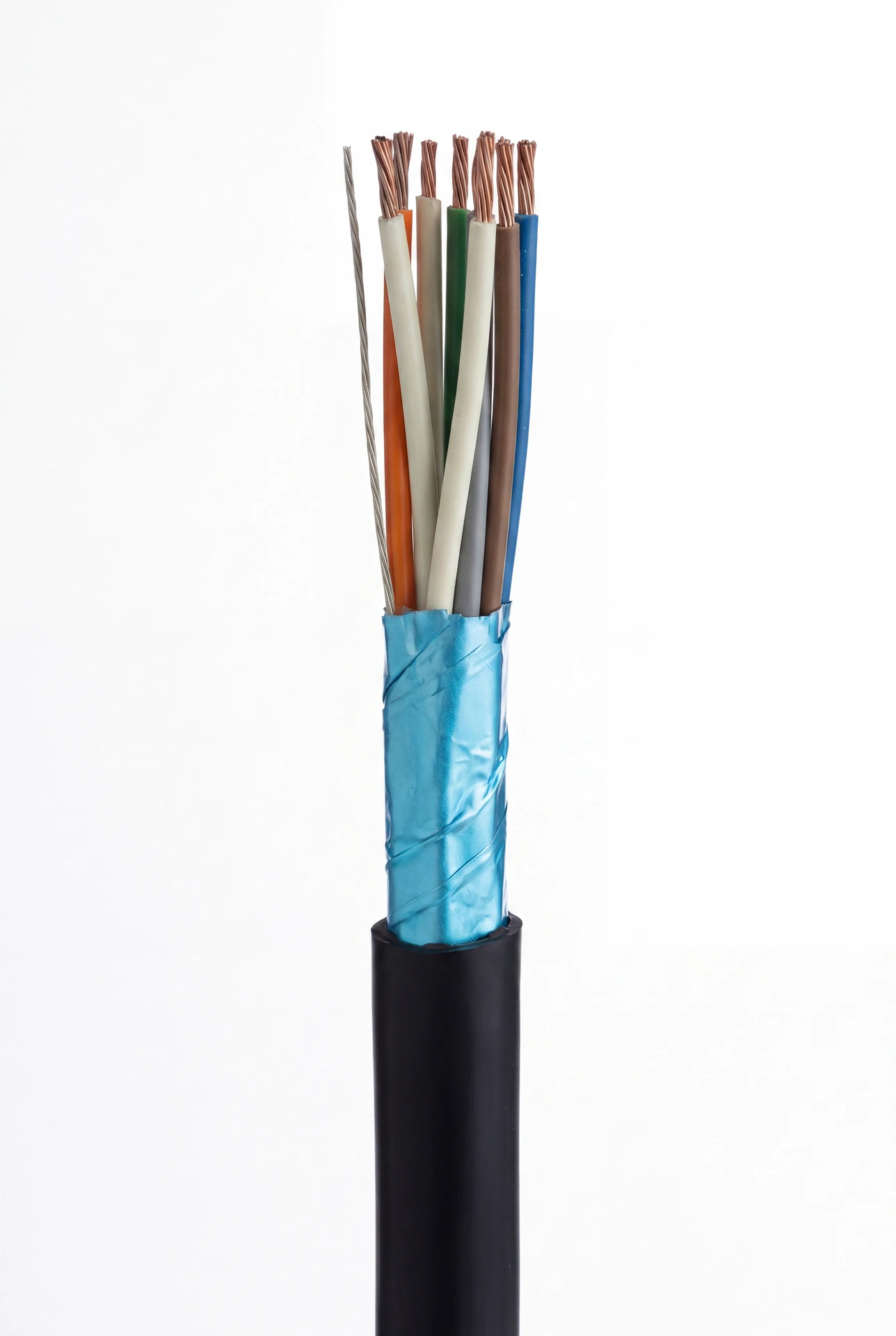 Macro studio photo of a black screened multi-pair instrumentation cable with blue foil and stranded copper cores.