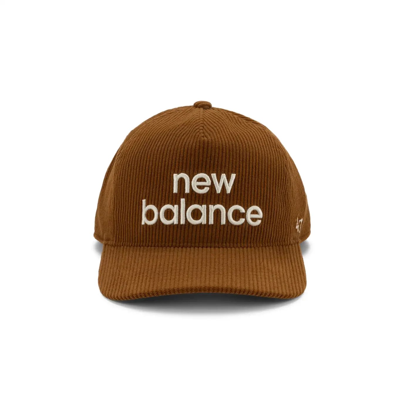 Brown corduroy New Balance cap with cream logo, front view. E-commerce product photography for New Balance by MRPS in Dubai.