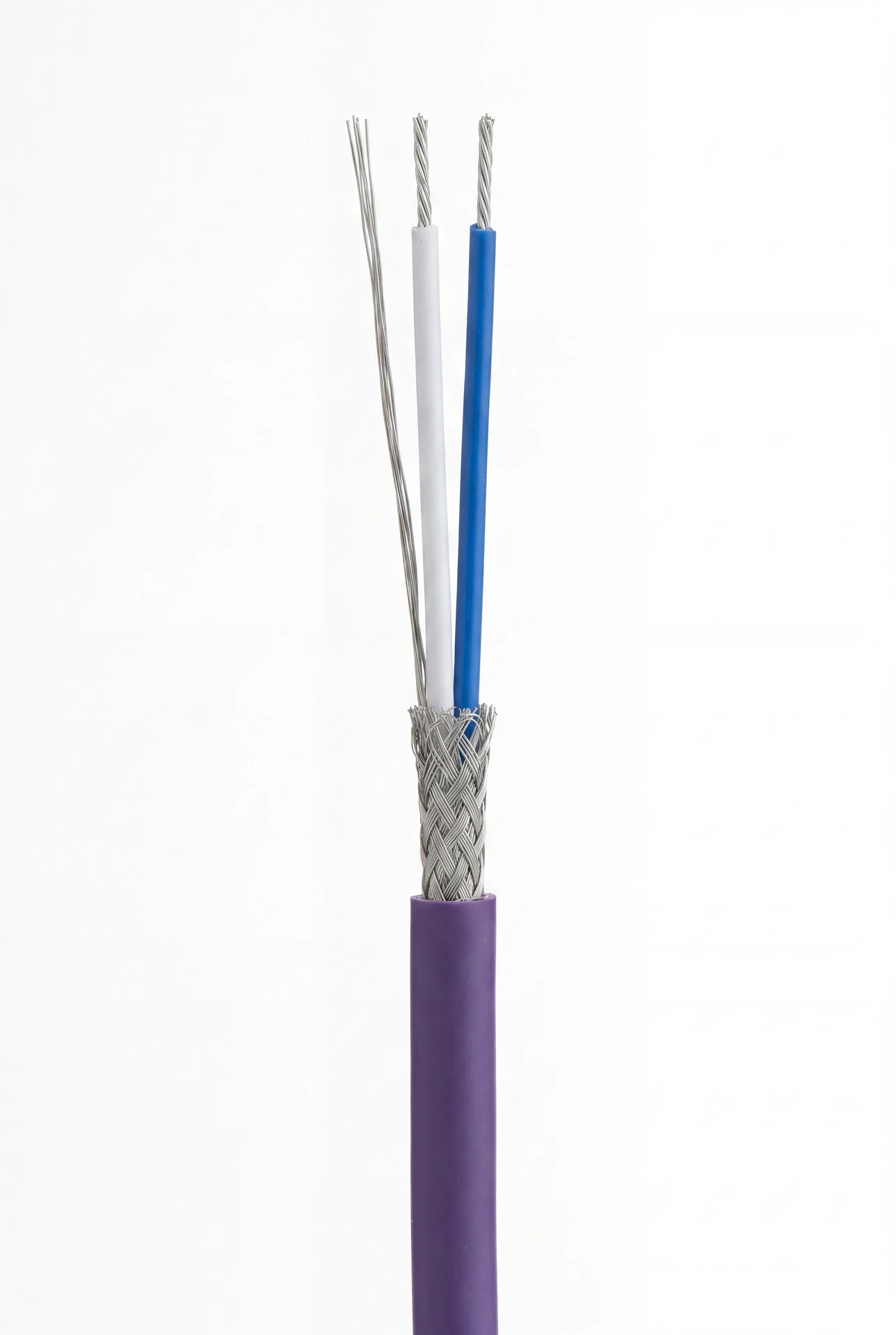 Macro studio photo of a purple shielded RS-485 cable with braided screen and two insulated cores.