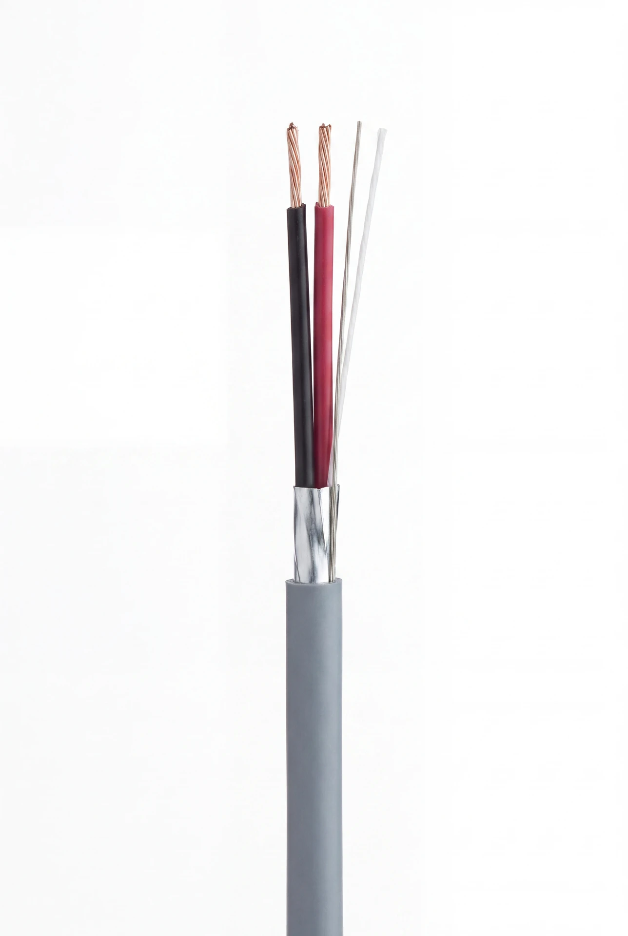 Macro studio photo of a grey screened two-core cable with red and black insulated conductors.