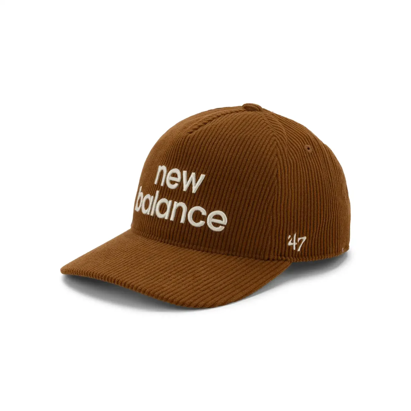 Brown corduroy New Balance cap at a three-quarter angle. E-commerce product photography for New Balance by MRPS in Dubai.