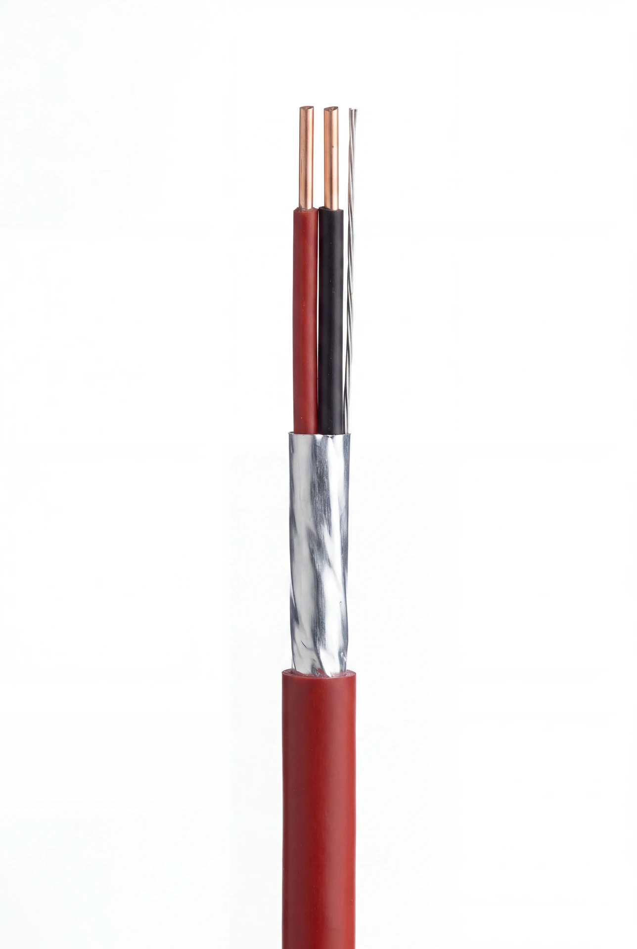 Macro studio photo of a red screened fire alarm cable showing the foil screen and copper conductors.