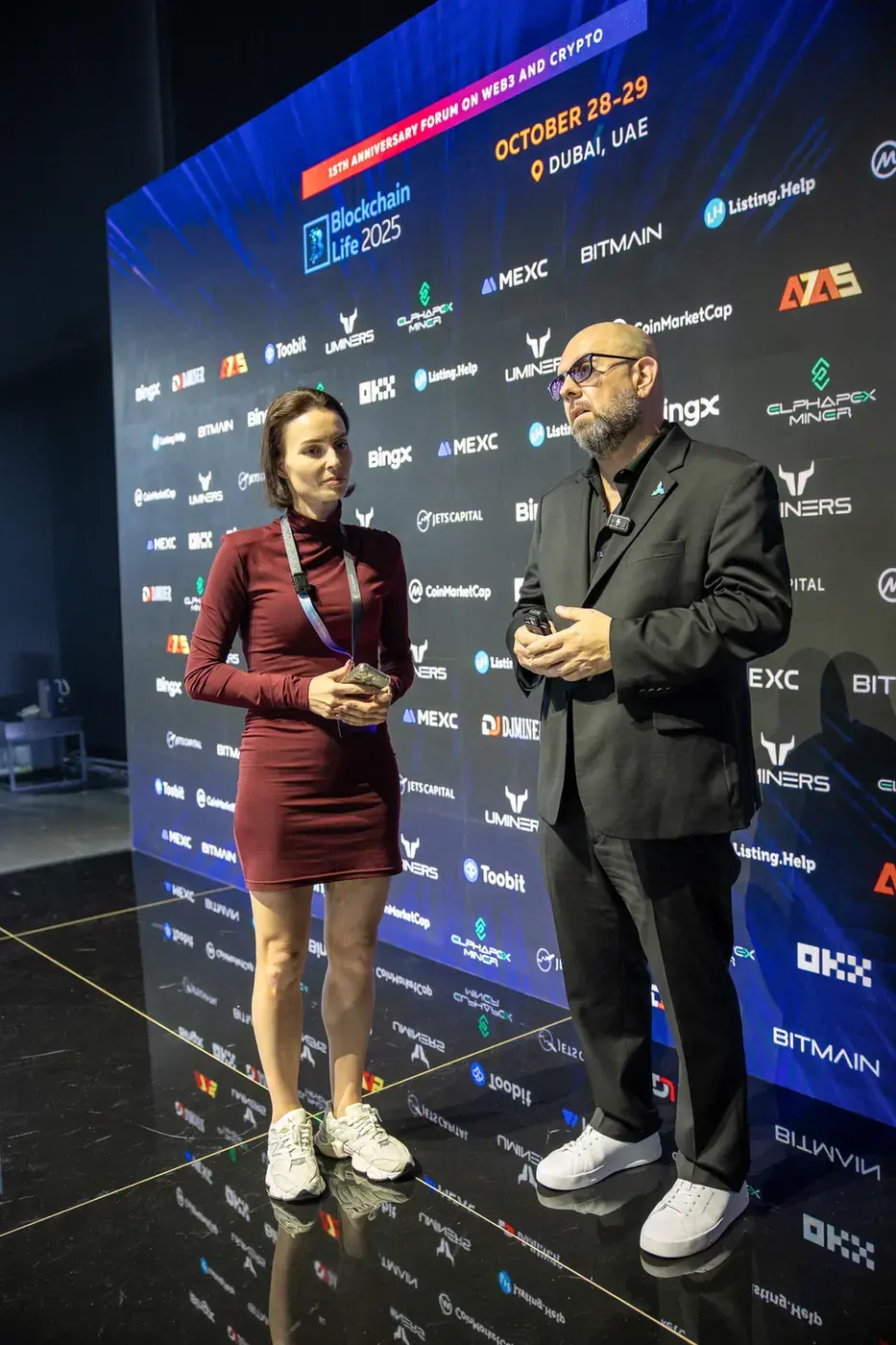 Interview at the Blockchain Life media wall. Event photography by MRPS at Blockchain Life 2025, Festival Arena, Dubai.