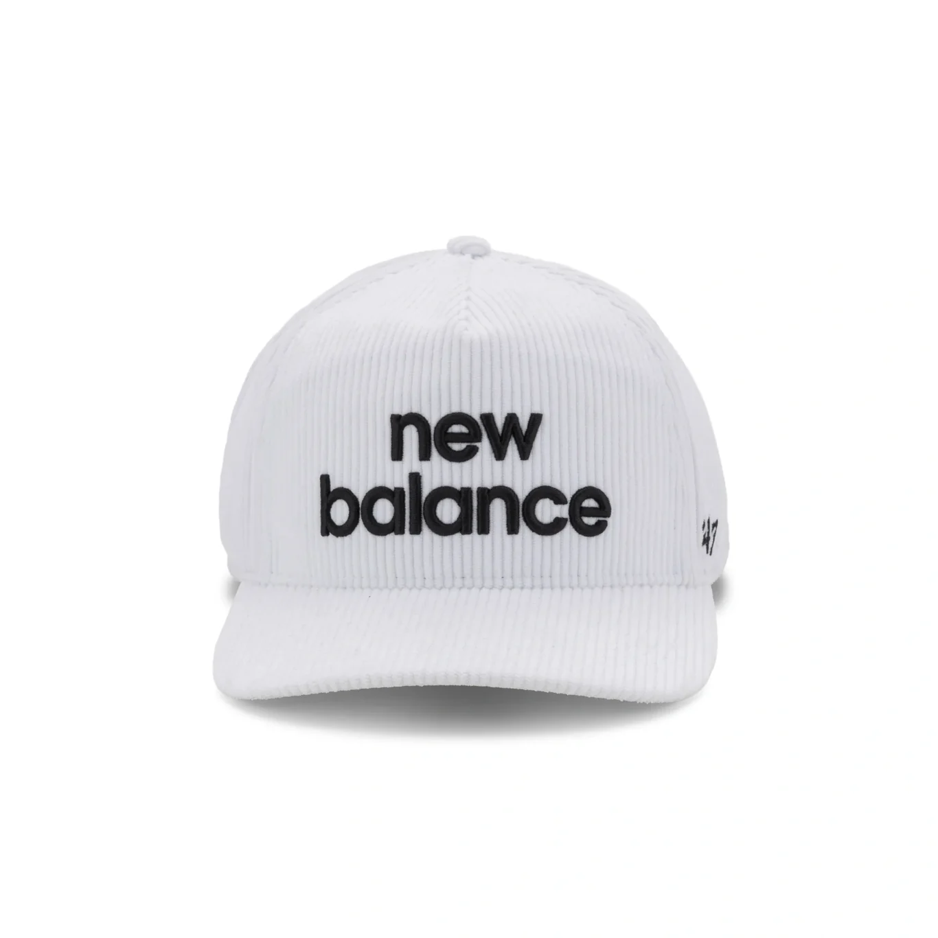 White corduroy New Balance cap with black logo, front view. E-commerce product photography for New Balance by MRPS in Dubai.