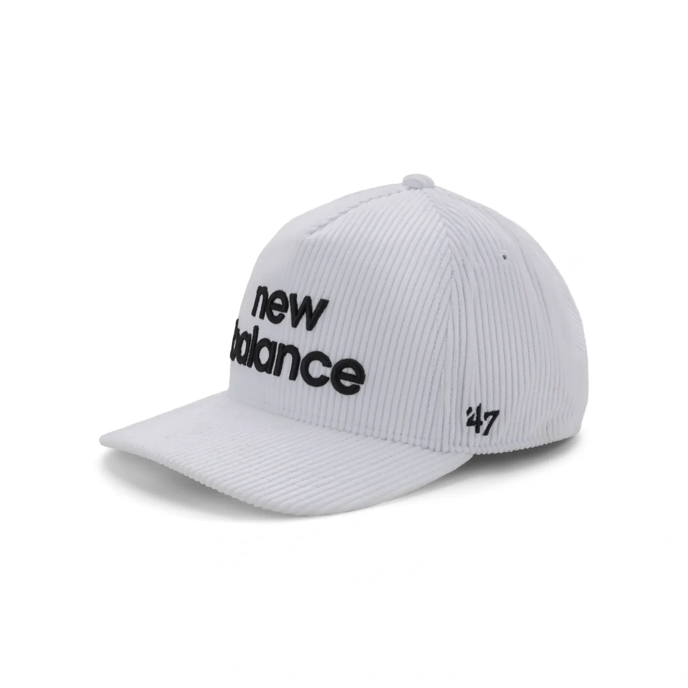 White corduroy New Balance cap at a three-quarter angle. E-commerce product photography for New Balance by MRPS in Dubai.