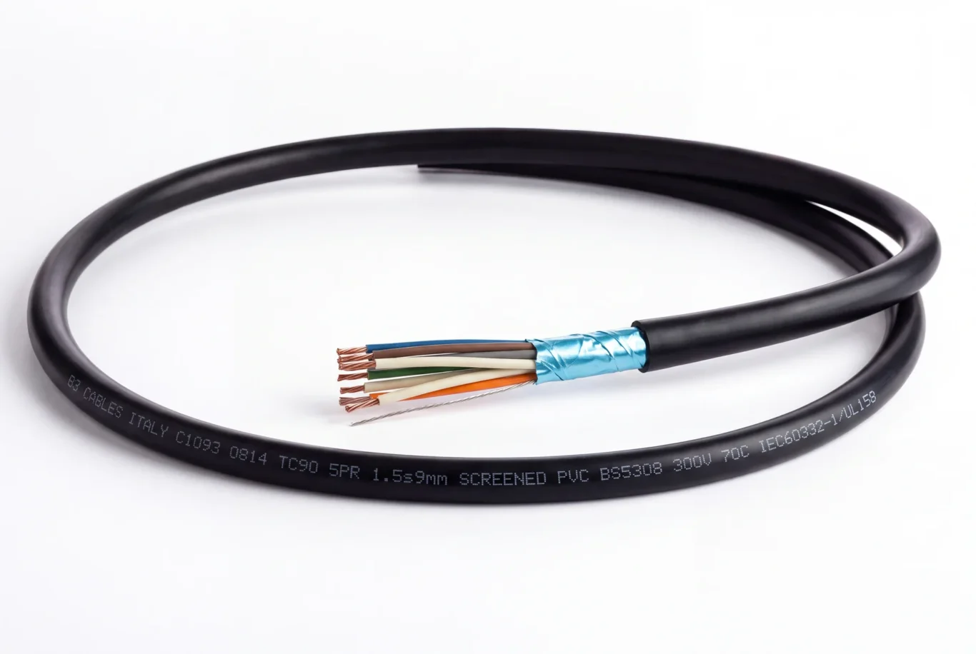 Studio product photo of a coiled black screened instrumentation cable with multi-pair copper cores.