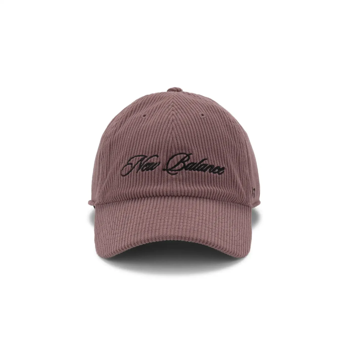 Mauve corduroy New Balance cap with black script logo, front view. E-commerce product photography for New Balance by MRPS in Dubai.
