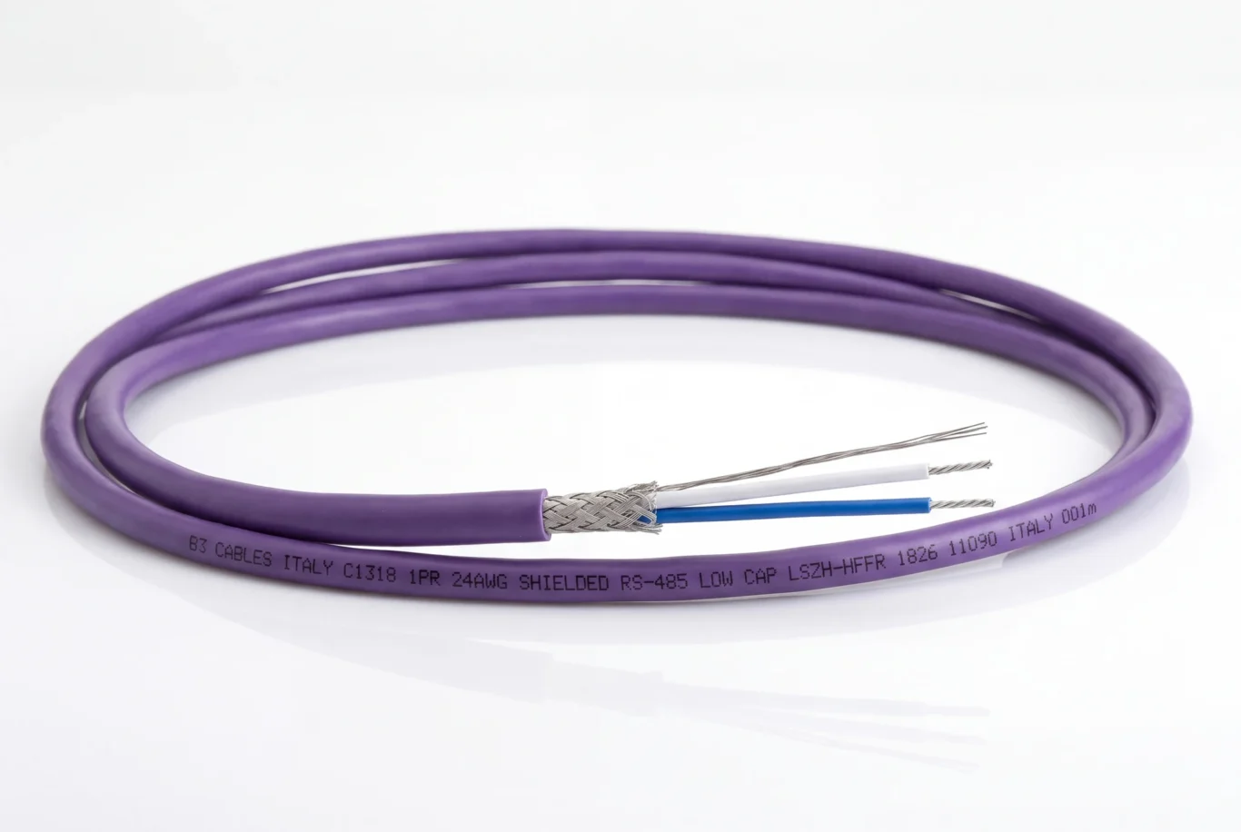 Studio product photo of a coiled purple shielded RS-485 cable with braided screen and cores.