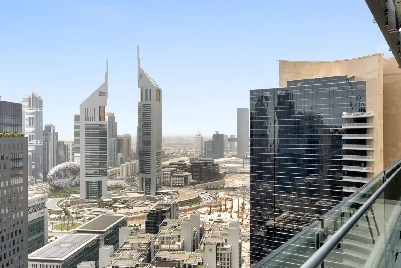 View over DIFC and Sheikh Zayed Road towers in a Your Stay Apartments one-bedroom at Burj Daman, DIFC, Dubai.