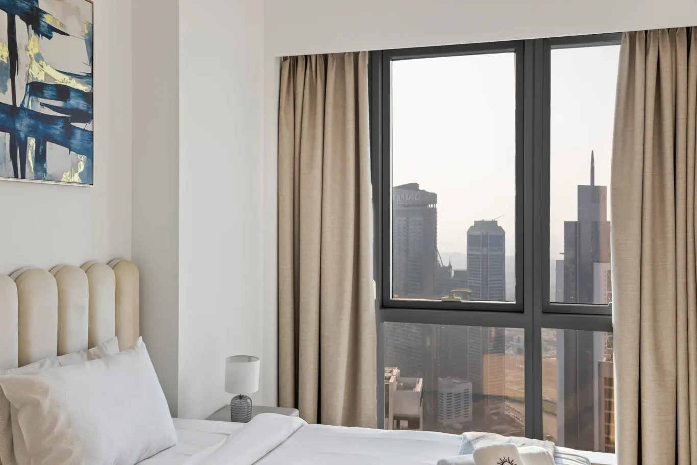 Second bedroom window view over Downtown Dubai towers. Airbnb photography by MRPS for Solea Stay in Dubai.