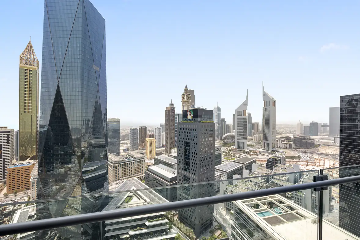 City view from the balcony in a Your Stay Apartments one-bedroom at Burj Daman, DIFC, Dubai.