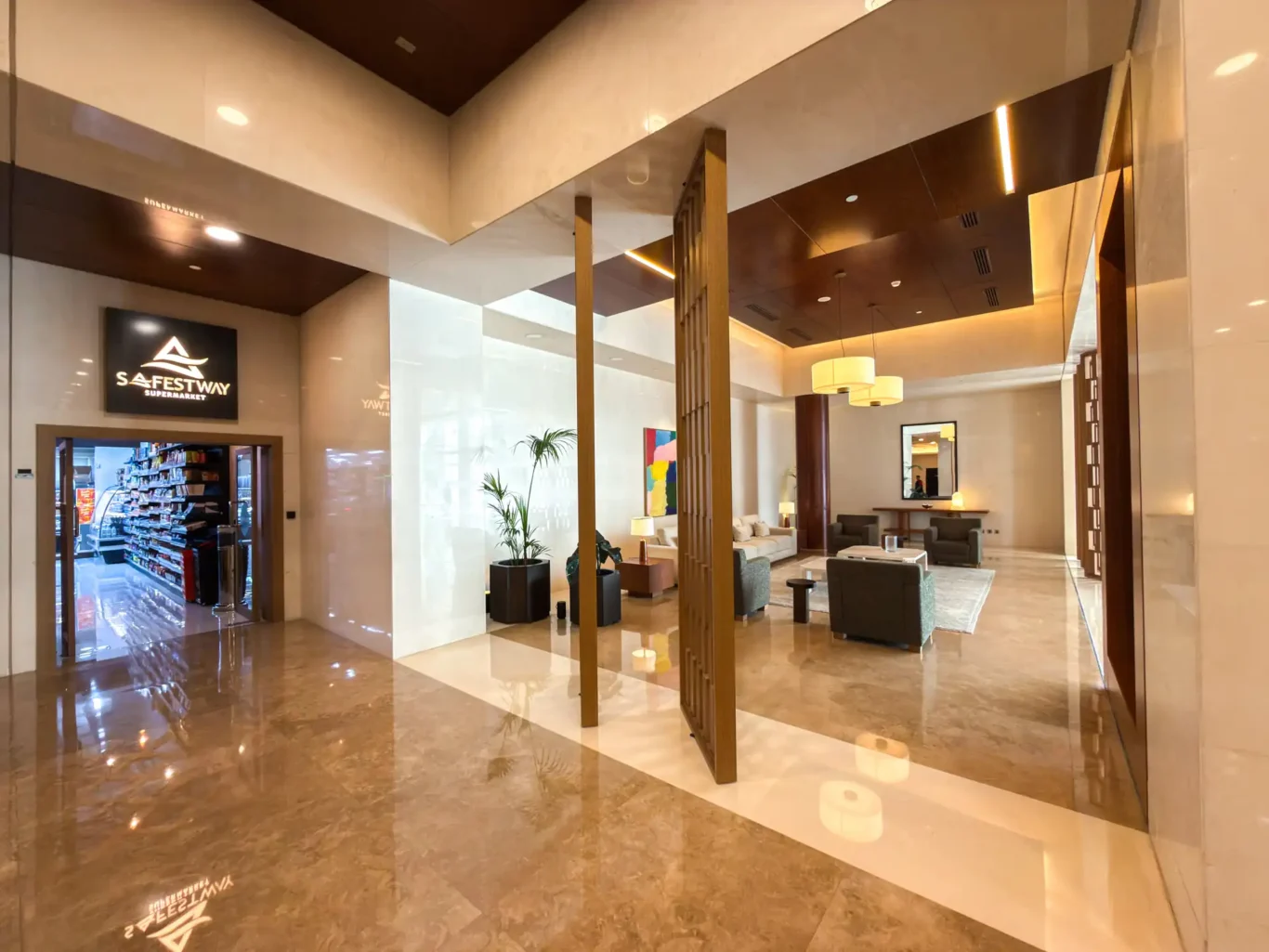 Lobby entrance and lounge at Burj Daman, DIFC, photographed for Your Stay Apartments.