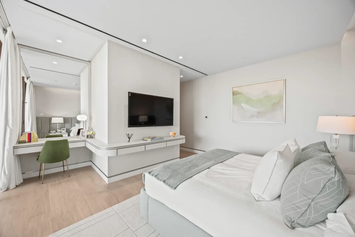 Guest bedroom with study desk in a furnished three-bedroom residence at Atlantis The Royal, Palm Jumeirah, photographed for Apex Homes Real Estate.