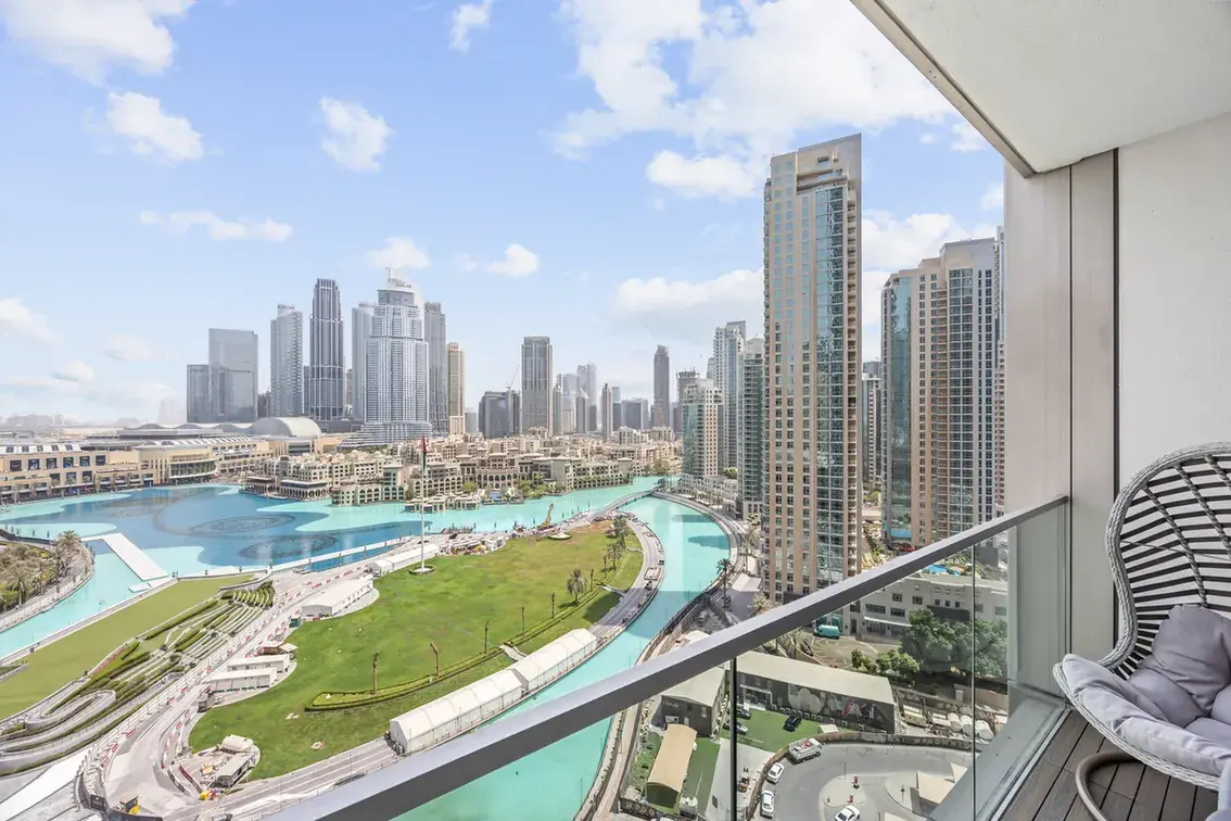 Downtown Dubai skyline view in a two-bedroom StayComfy Holiday Homes apartment at Grande Signature, Downtown Dubai.