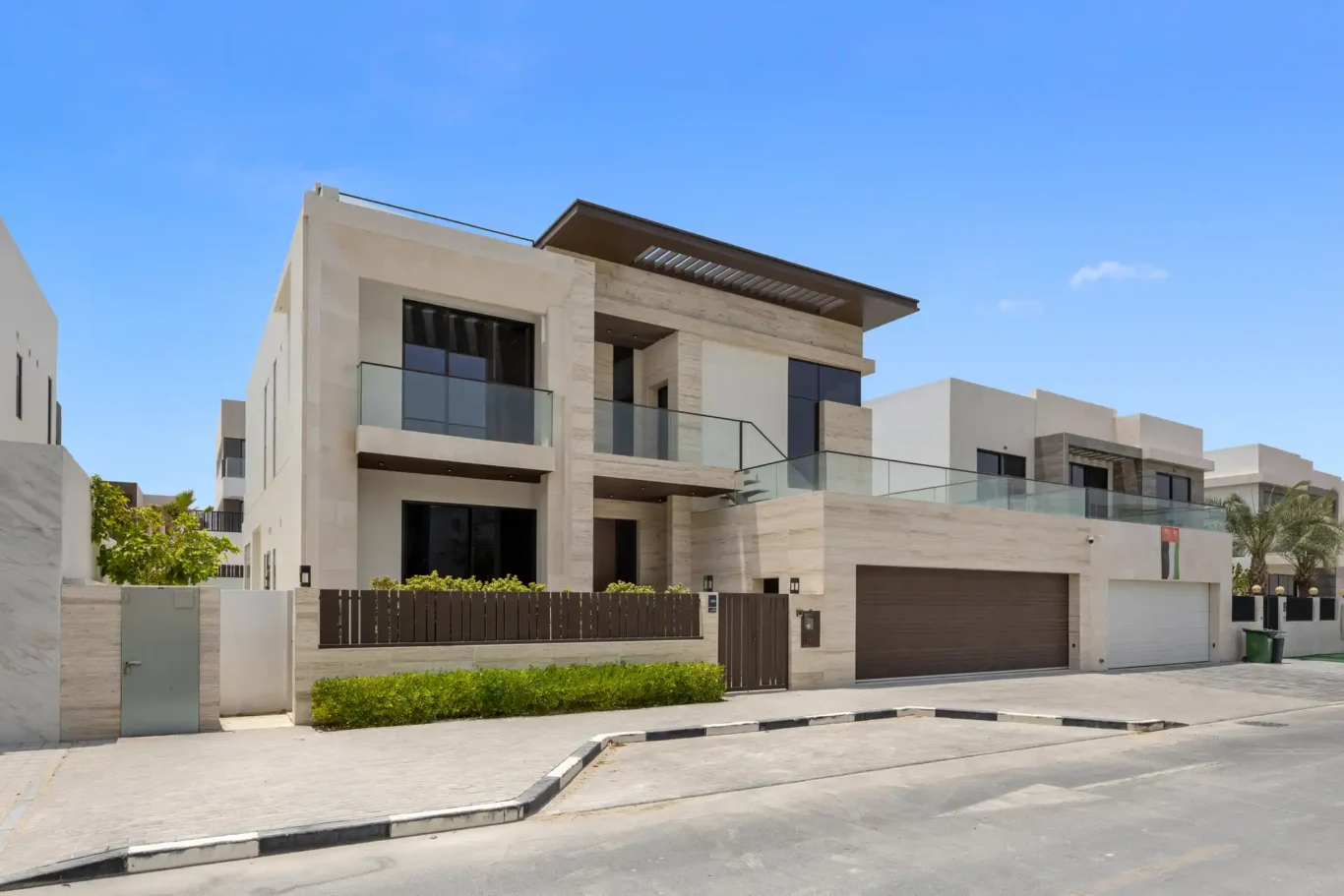 Front exterior of the villa from the street, unfurnished five-bedroom villa in Al Furjan, Dubai.