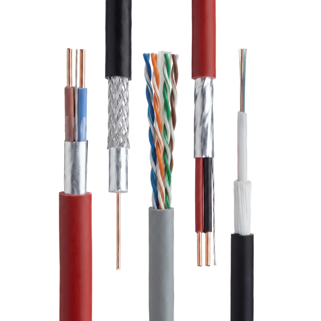 Five B3 International cables photographed in macro in the MRPS studio in Dubai, each stripped to show its construction.